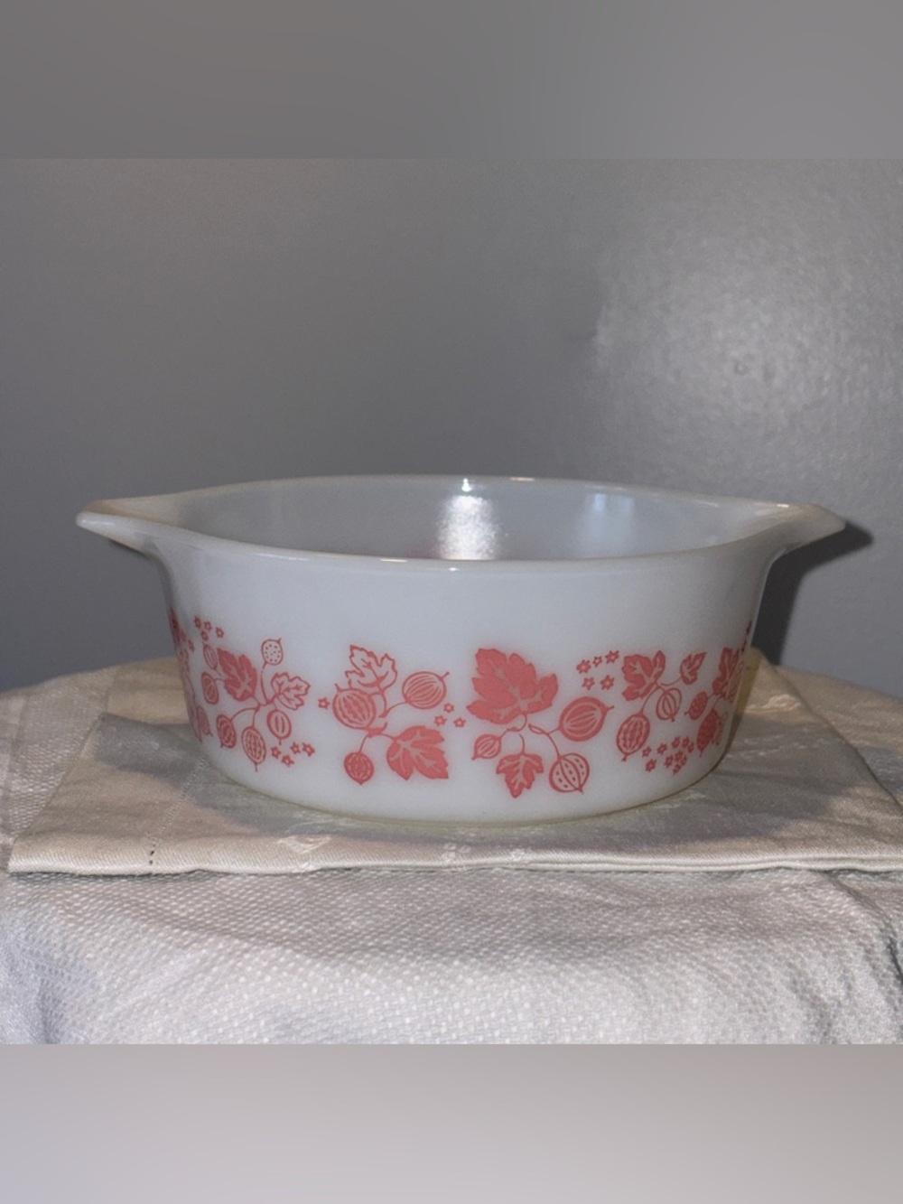 Pyrex White Milk Glass Casserole Pink Gooseberry 1.5 Pint Size - Vintage, No Lid
